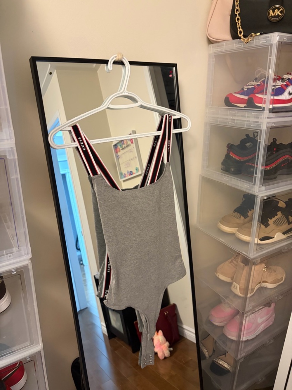 Guess Grey Ribbed Bodysuit with Red-Trim Straps